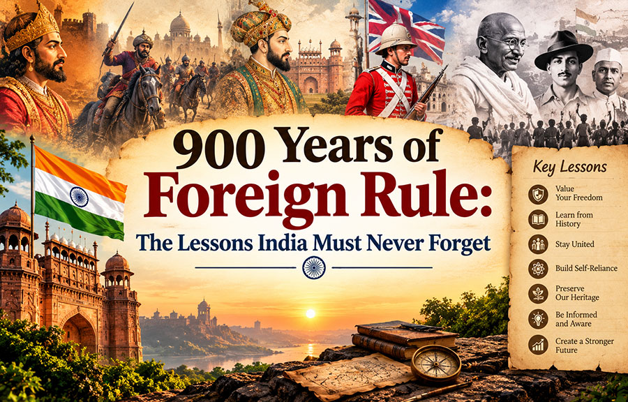 Historical collage representing India’s medieval kingdoms, colonial era and freedom movement
