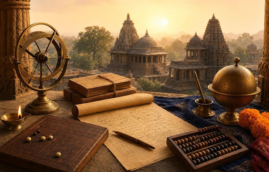Illustration representing India’s contributions to world knowledge, yoga, mathematics and culture