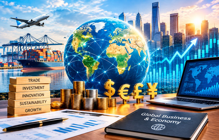Global business and economy, international trade, financial markets and economic growth