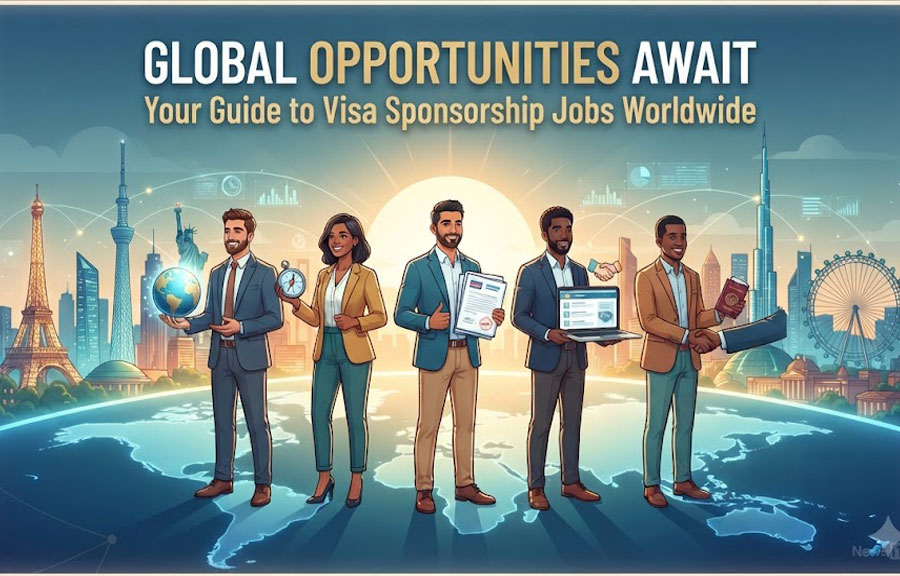 Global job candidate reviewing visa sponsorship options, work permits, and overseas employment
