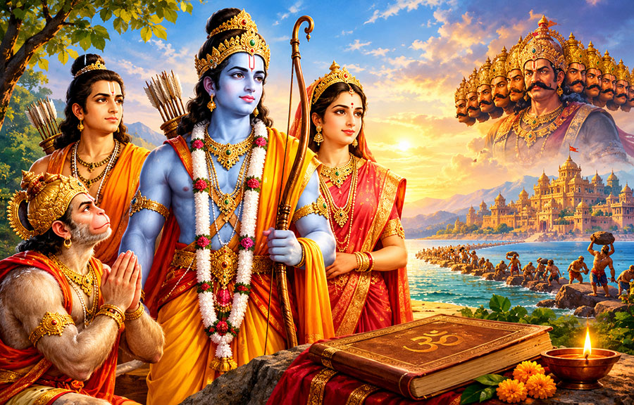 Ramayan, Lord Ram, Sita, Lakshman and Hanuman representing the timeless spiritual and cultural story of India