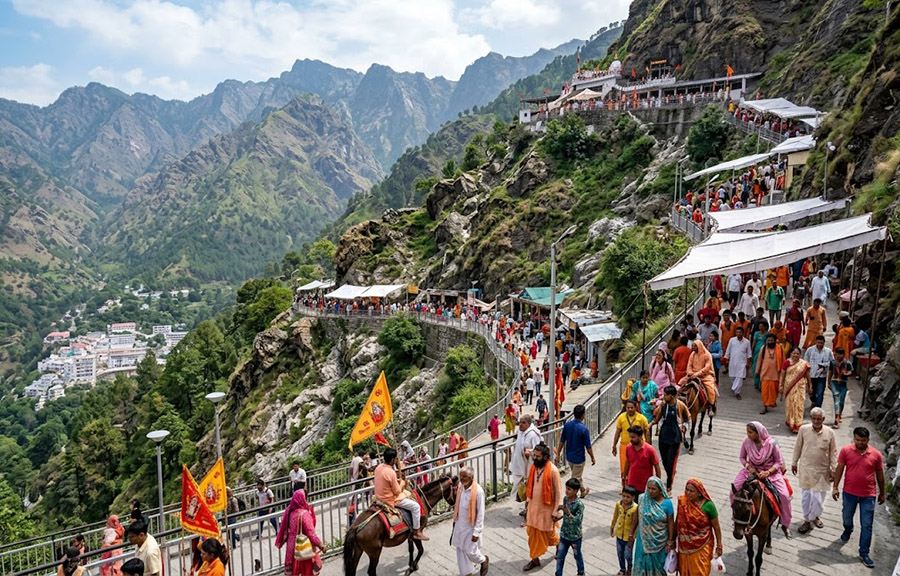 Vaishno Devi Yatra guide featuring Katra, Trikuta hills, and the sacred Bhawan shrine
