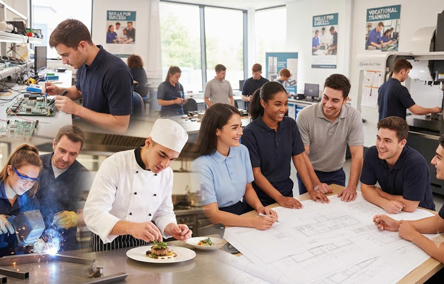 Students learning practical skills in a vocational training institute